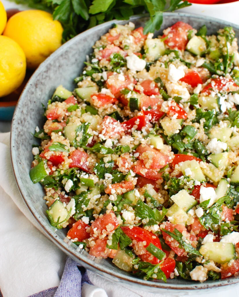 Mediterranean quinoa bowl with chickpeas and veggies